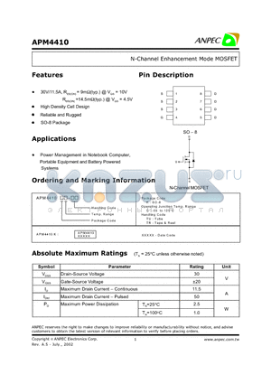 APM4410 datasheet - N-Channel Enhancement Mode MOSFET