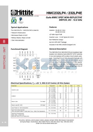232LP4E datasheet - GaAs MMIC SPDT NON-REFLECTIVE SWITCH, DC - 12.0 GHz