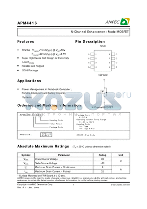 APM4416 datasheet - N-Channel Enhancement Mode MOSFET