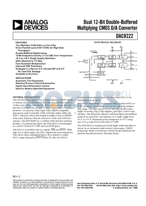 DAC8222BTC/883 datasheet - Dual 12-Bit Double-Buffered Multiplying CMOS D/A Converter