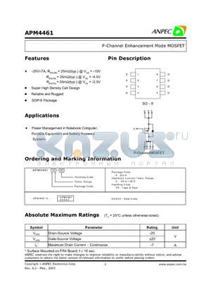 APM4461 datasheet - P-Channel Enhancement Mode MOSFET