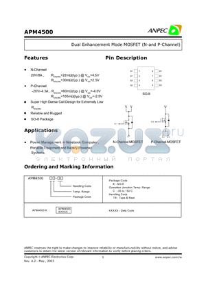 APM4500 datasheet - Dual Enhancement Mode MOSFET (N-and P-Channel)