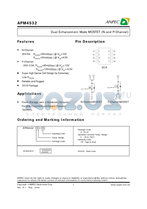 APM4532KC-TR datasheet - Dual Enhancement Mode MOSFET (N-and P-Channel)