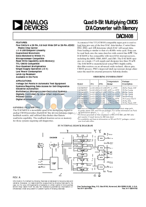 DAC8408 datasheet - Quad 8-Bit Multiplying CMOS D/A Converter with Memory