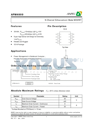 APM4800 datasheet - N-Channel Enhancement Mode MOSFET