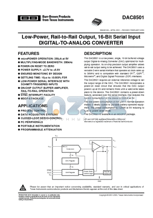 DAC8501 datasheet - Low-Power, Rail-to-Rail Output, 16-Bit Serial Input DIGITAL-TO-ANALOG CONVERTER