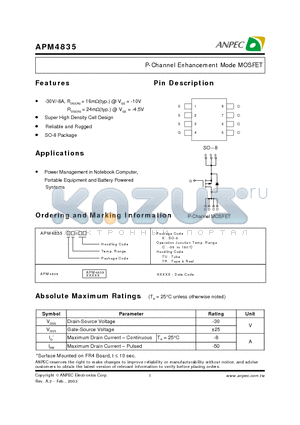 APM4835KC-TU datasheet - P-Channel Enhancement Mode MOSFET