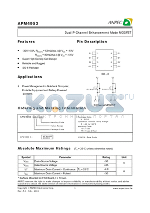 APM4953 datasheet - Dual P-Channel Enhancement Mode MOSFET