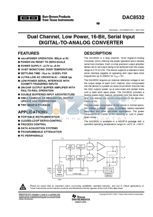 DAC8532 datasheet - Dual Channel, Low Power, 16-Bit, Serial Input DIGITAL-TO-ANALOG CONVERTER