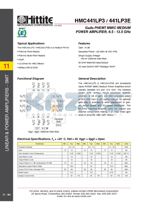 441LP3E datasheet - GaAs PHEMT MMIC MEDIUM POWER AMPLIFIER, 6.5 - 13.5 GHz