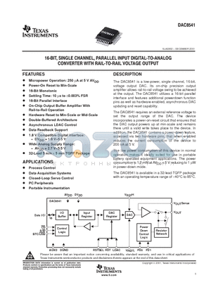 DAC8541 datasheet - 16-BIT SINGLE CHANNEL, PARALLEL INPUT DIGITAL-TO-ANALOG CONVERTER WITH RAIL VOLTAGE OUTPUT