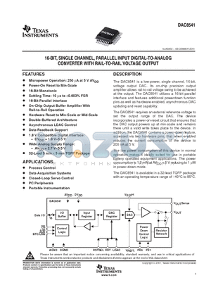 DAC8541Y/250 datasheet - 16-BIT SINGLE CHANNEL, PARALLEL INPUT DIGITAL-TO-ANALOG CONVERTER WITH RAIL VOLTAGE OUTPUT