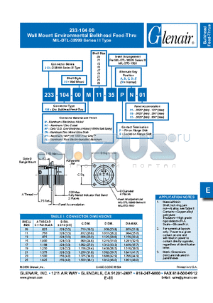 233-104-00AL09 datasheet - Wall Mount Environmental Bulkhead Feed-Thru