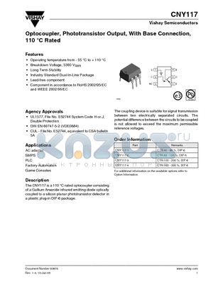 CNY117 datasheet - Optocoupler, Phototransistor Output, With Base Connection, 110 Degrees Celcious Rated