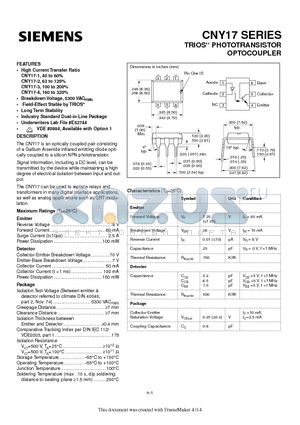 CNY17 datasheet - TRIOS PHOTOTRANSISTOR OPTOCOUPLER