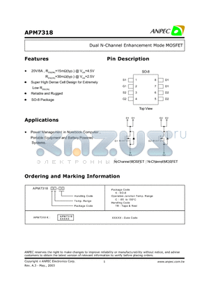 APM7318 datasheet - Dual N-Channel Enhancement Mode MOSFET