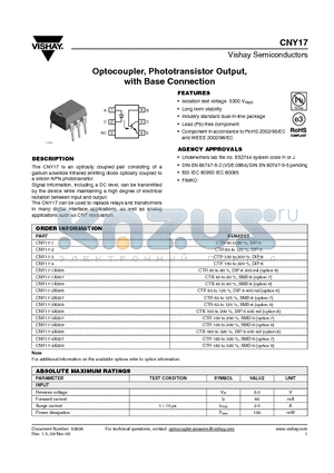 CNY17-1X009 datasheet - Optocoupler, Phototransistor Output,