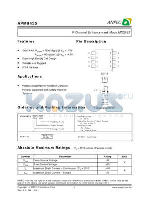 APM9435 datasheet - P-Channel Enhancement Mode MOSFET