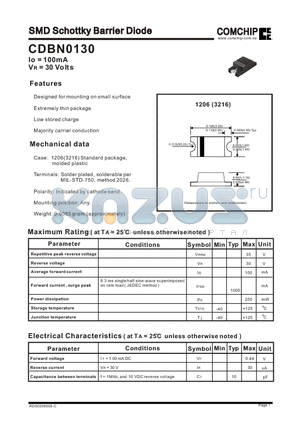 CDBN0130 datasheet - SMD Schottky Barrier Diode