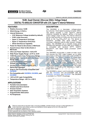 DAC8565IAPW datasheet - 16-Bit, Quad Channel, Ultra-Low Glitch, Voltage Output DIGITAL-TO-ANALOG CONVERTER with 2.5V, 2ppm/`C Internal Reference
