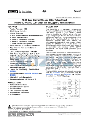 DAC8565IAPWR datasheet - 16-Bit, Quad Channel, Ultra-Low Glitch, Voltage Output DIGITAL-TO-ANALOG CONVERTER with 2.5V, 2ppm/`C Internal Reference