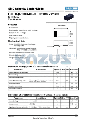 CDBQR00340-HF datasheet - SMD Schottky Barrier Diode