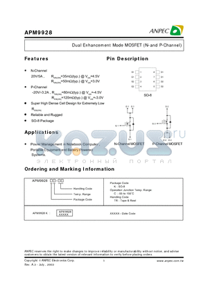 APM9928 datasheet - Dual Enhancement Mode MOSFET (N-and P-Channel)