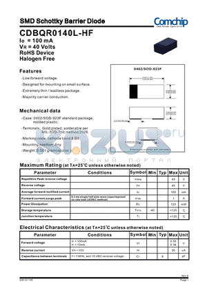 CDBQR0140L-HF datasheet - SMD Schottky Barrier Diode