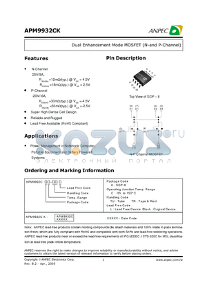APM9932CK datasheet - Dual Enhancement Mode MOSFET (N-and P-Channel)