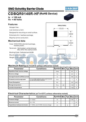 CDBQR0140R-HF datasheet - SMD Schottky Barrier Diode