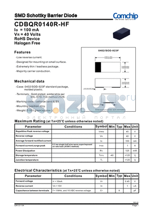 CDBQR0140R-HF datasheet - SMD Schottky Barrier Diode