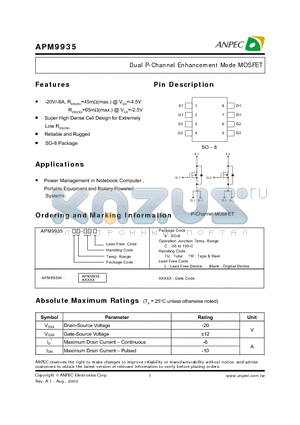 APM9935 datasheet - Dual P-Channel Enhancement Mode MOSFET