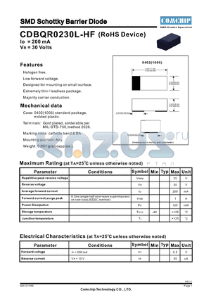 CDBQR0230L-HF datasheet - SMD Schottky Barrier Diode