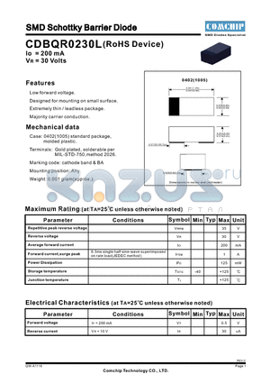 CDBQR0230L datasheet - SMD Schottky Barrier Diode