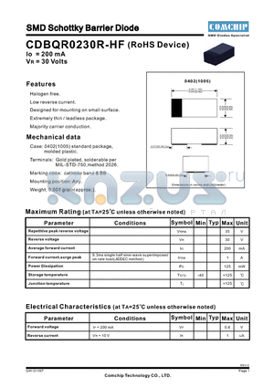 CDBQR0230R-HF datasheet - SMD Schottky Barrier Diode