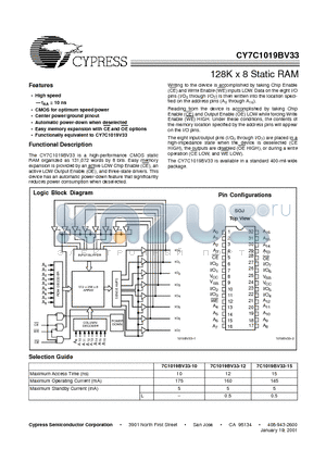 7C1019BV33-10 datasheet - 128K x 8 Static RAM