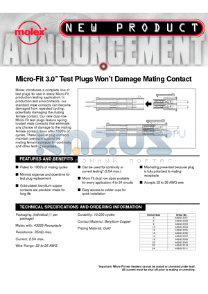 44242-0002 datasheet - Micro-Fit 3.0 Test Plugs Wont Damage Mating Contact