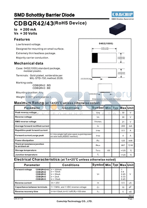 CDBQR43 datasheet - SMD Schottky Barrier Diode