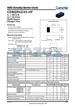 CDBQR43-HF datasheet - SMD Schottky Barrier Diode