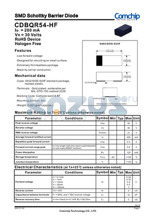 CDBQR54-HF datasheet - SMD Schottky Barrier Diode