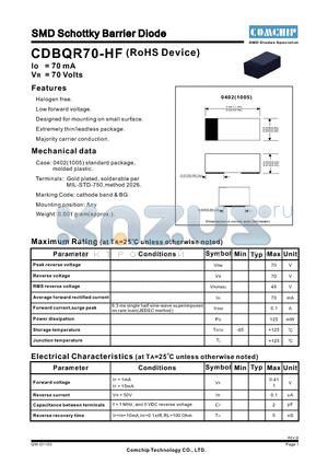 CDBQR70-HF datasheet - SMD Schottky Barrier Diode