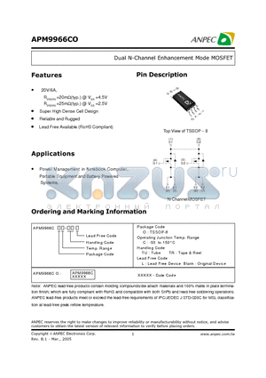 APM9966COC-TR datasheet - Dual N-Channel Enhancement Mode MOSFET