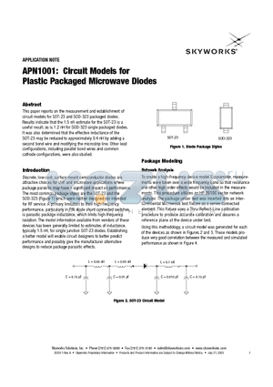 APN1001 datasheet - Circuit Models for Plastic Packaged Microwave Diodes