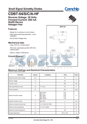 CDBT-54_12 datasheet - Small Signal Schottky Diodes