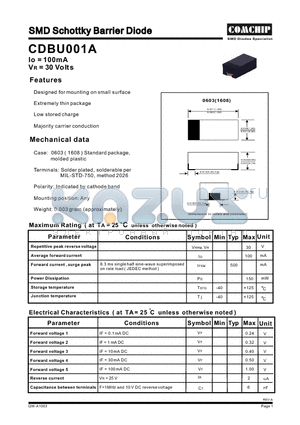 CDBU001A datasheet - SMD Schottky Barrier Diode