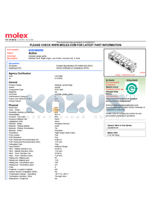 44248-0095 datasheet - Modular Jack, Right Angle, Low Profile, Inverted, 6/6, 4 Ports