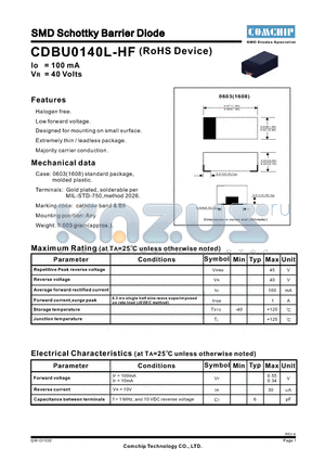 CDBU0140L-HF datasheet - SMD Schottky Barrier Diode