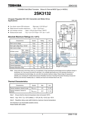 APPLICATIONS2SK3132 datasheet - Silicon N Channel MOS Type Chopper Regulator DC−DC Converter and Motor Drive Applications