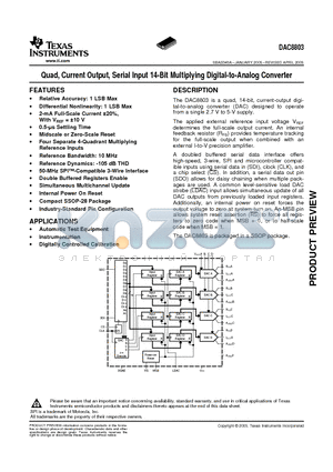 DAC8803 datasheet - Quad, Current Output, Serial Input 14-Bit Multiplying Digital-to-Analog Converter