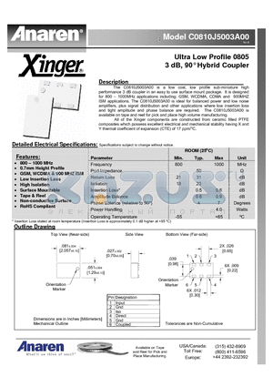 C0810J5003A00 datasheet - Ultra Low Profile 0805 3 dB, 90` Hybrid Coupler